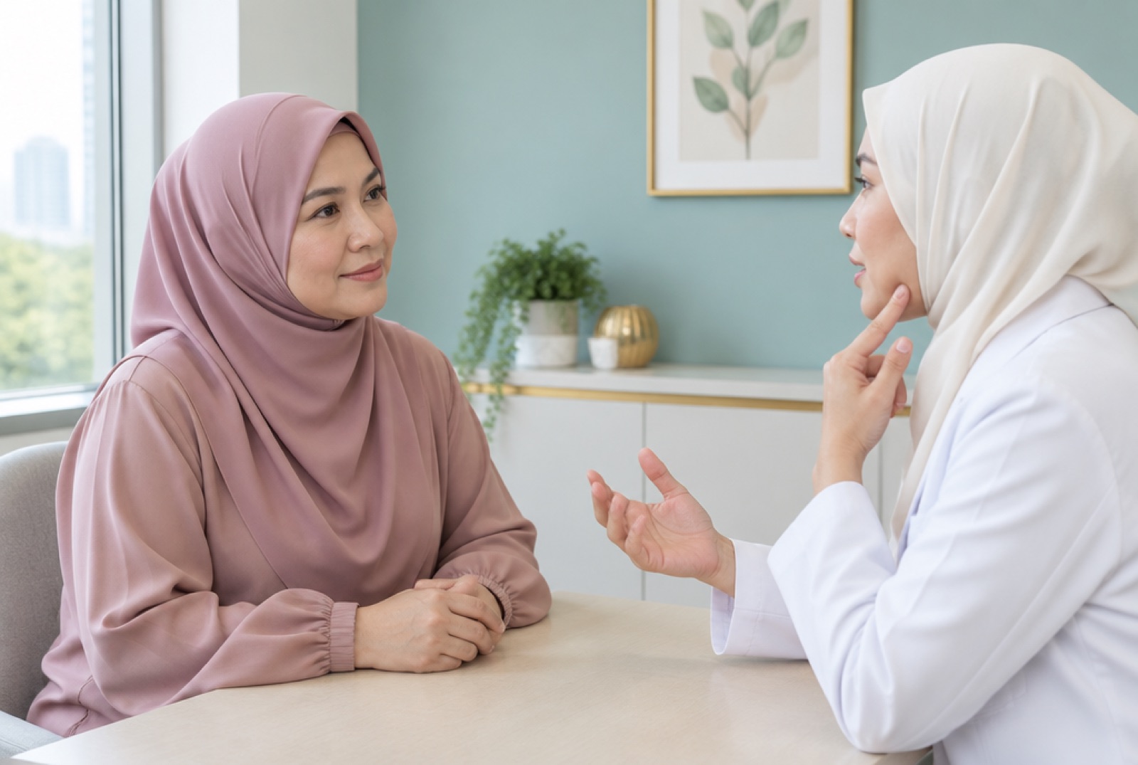 Wanita berhijab berbincang dengan doktor wanita semasa sesi konsultasi