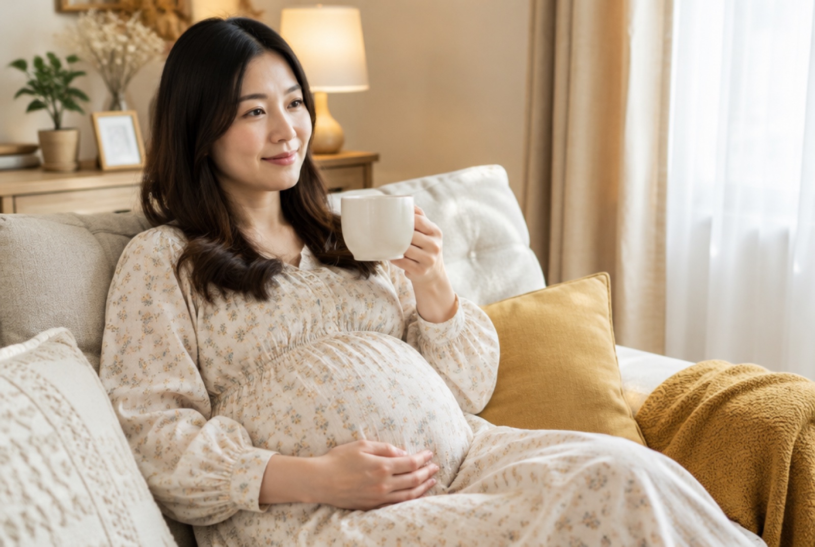 怀孕的女士靠着靠垫坐在沙发上休息,手里拿着一杯温水