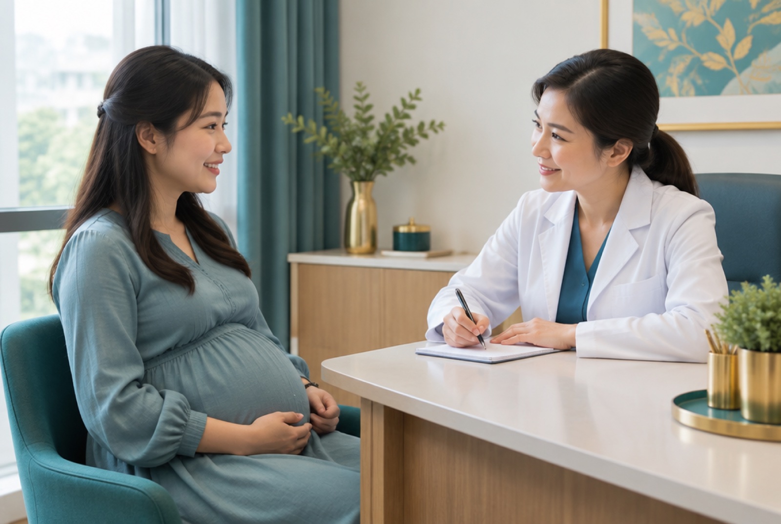 怀孕的女士在诊室里与女医生交谈